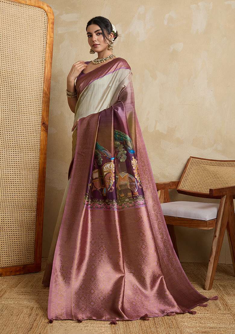 Wine Printed Silk Blend Saree Set for Diwali and Festive Wear - Indya
