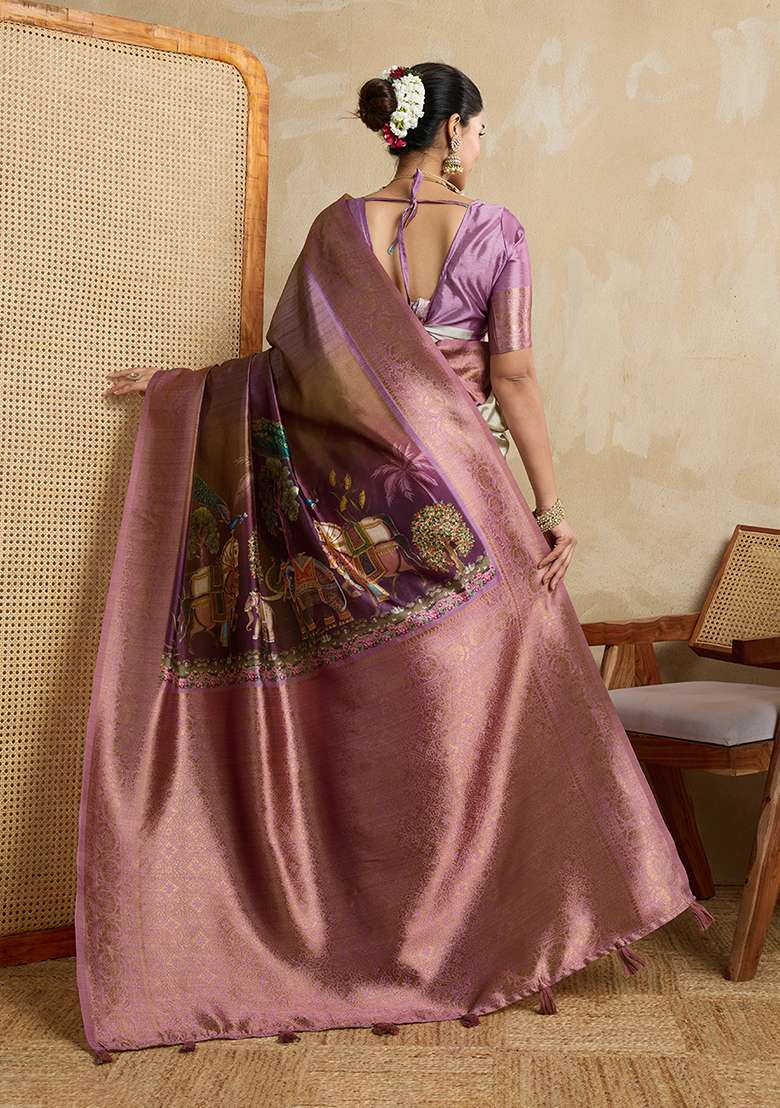 Wine Printed Silk Blend Saree Set for Diwali and Festive Wear - Indya