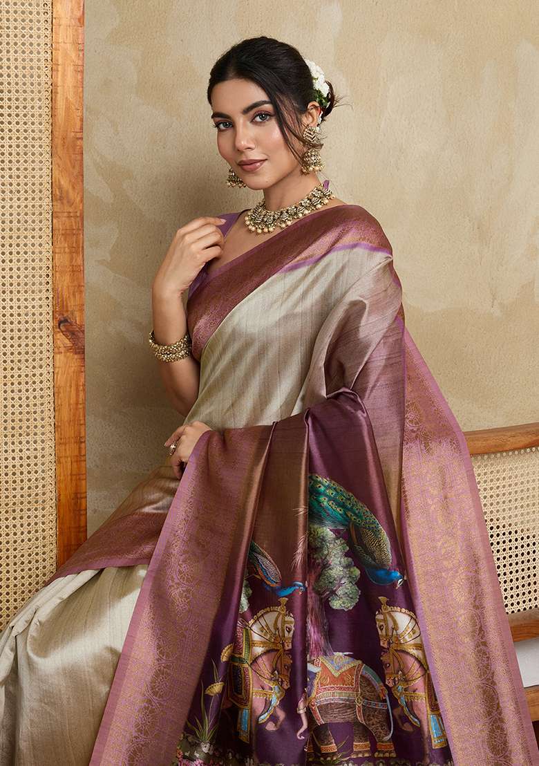 Wine Printed Silk Blend Saree Set for Diwali and Festive Wear - Indya