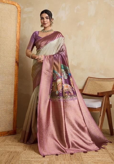 Wine Printed Silk Saree Set