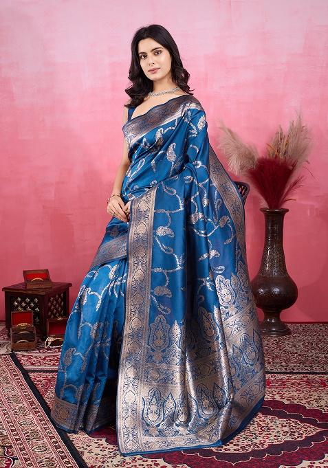 Blue Zari Work Silk Saree Set