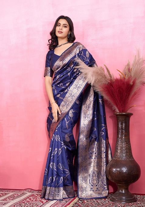 Blue Zari Work Silk Saree Set
