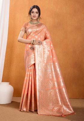 Peach Zari Work Silk Saree Set