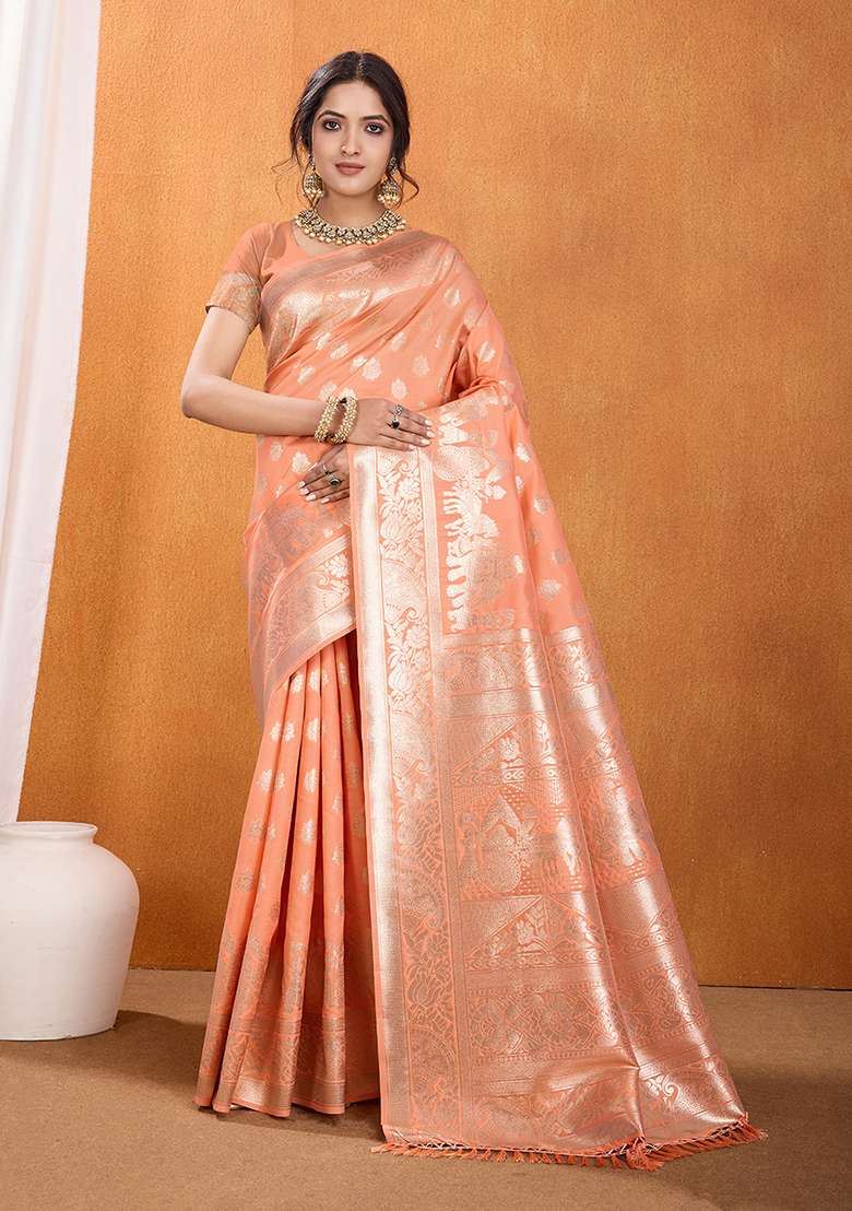 Peach Silk Blend Saree Set with Zari Work for Diwali | Wedding & Festive Wear - Indya