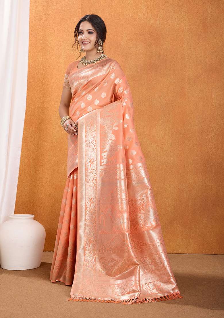Peach Silk Blend Saree Set with Zari Work for Diwali | Wedding & Festive Wear - Indya