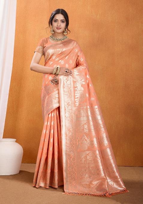 Peach Zari Work Silk Saree Set