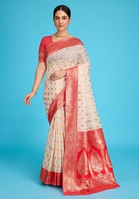 Beige Zari Work Silk Blend Saree Set