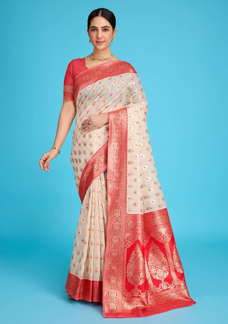 Beige Zari Work Silk Blend Saree Set for Diwali and Festive Wear - Indya