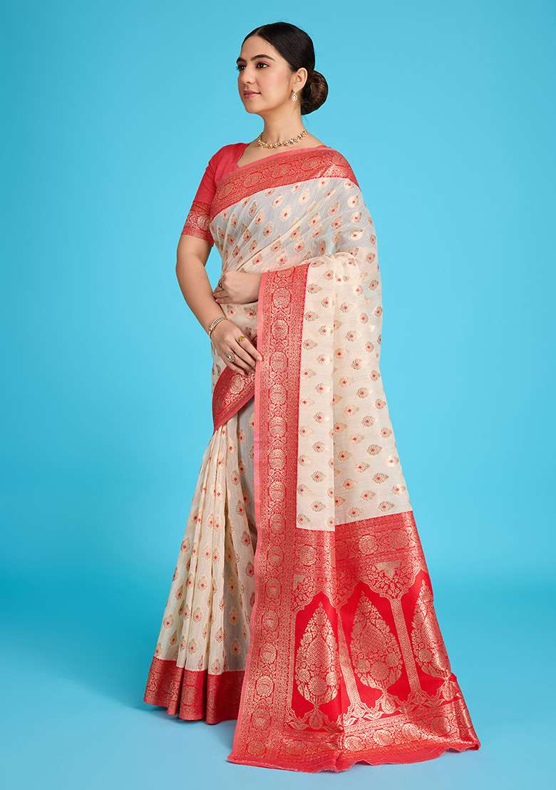 Beige Zari Work Silk Blend Saree Set for Diwali and Festive Wear - Indya