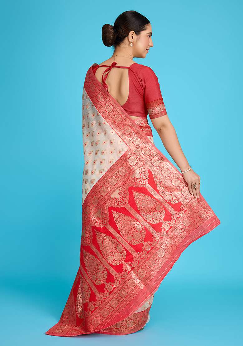 Beige Zari Work Silk Blend Saree Set for Diwali and Festive Wear - Indya