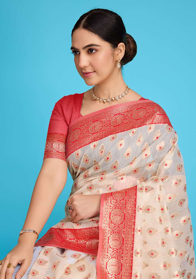 Beige Zari Work Silk Blend Saree Set for Diwali and Festive Wear - Indya