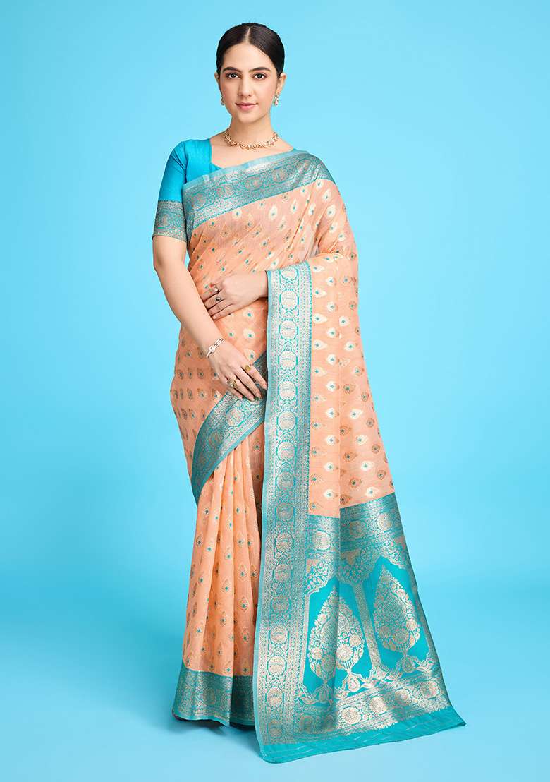 Peach Zari Work Silk Blend Saree Set for Diwali and Festive Wear - Indya