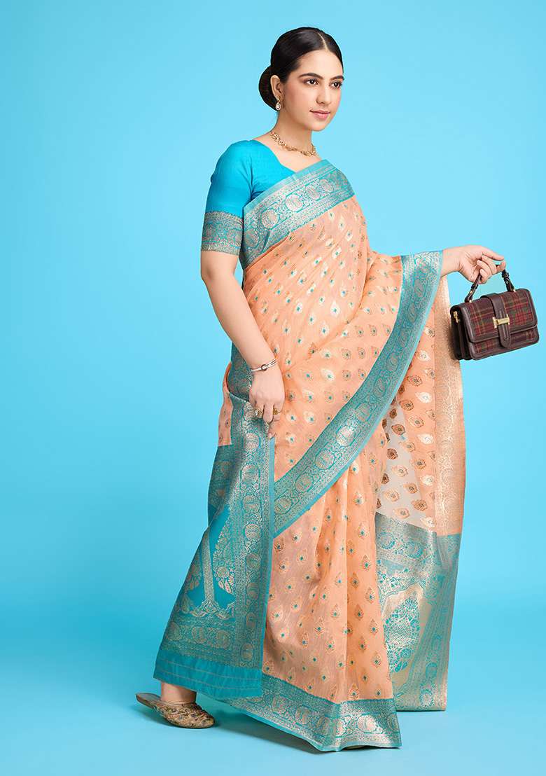 Peach Zari Work Silk Blend Saree Set for Diwali and Festive Wear - Indya