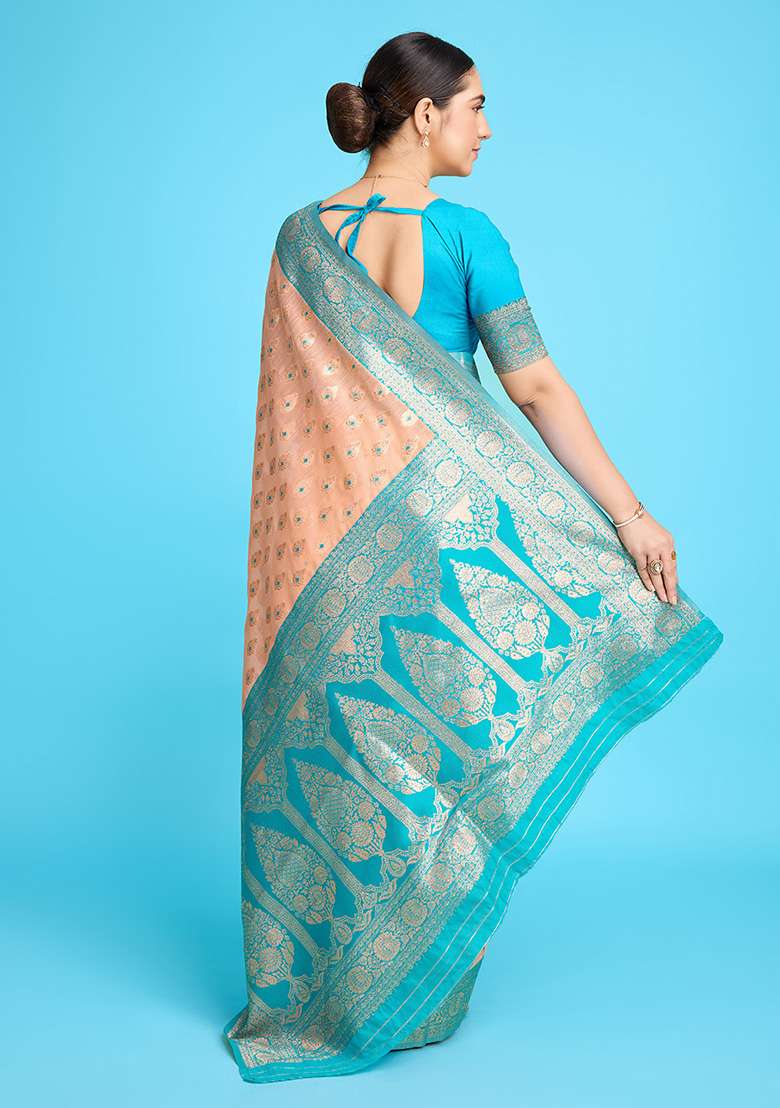 Peach Zari Work Silk Blend Saree Set for Diwali and Festive Wear - Indya