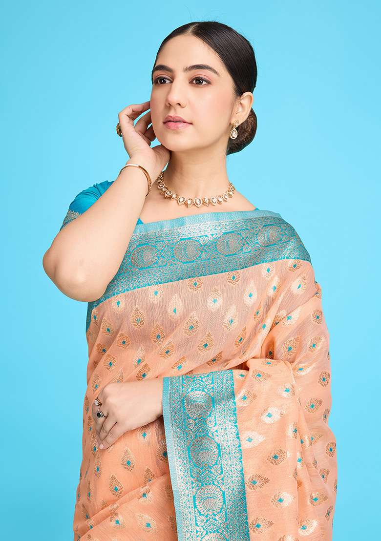 Peach Zari Work Silk Blend Saree Set for Diwali and Festive Wear - Indya