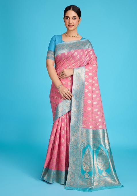 Pink Zari Work Silk Saree Set