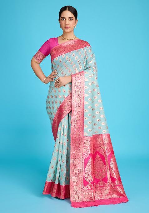 Blue Zari Work Silk Saree Set