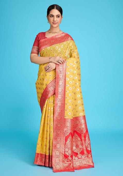 Yellow Zari Work Silk Saree Set