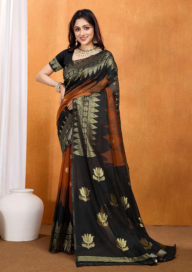 Brown Cotton Saree Set for Diwali | Wedding & Festive Wear - Indya
