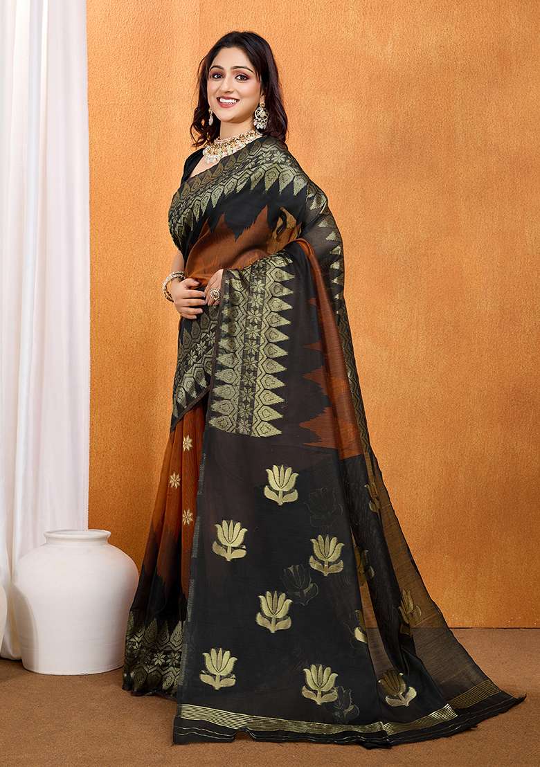 Brown Cotton Saree Set for Diwali | Wedding & Festive Wear - Indya