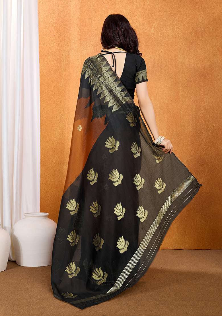 Brown Cotton Saree Set for Diwali | Wedding & Festive Wear - Indya