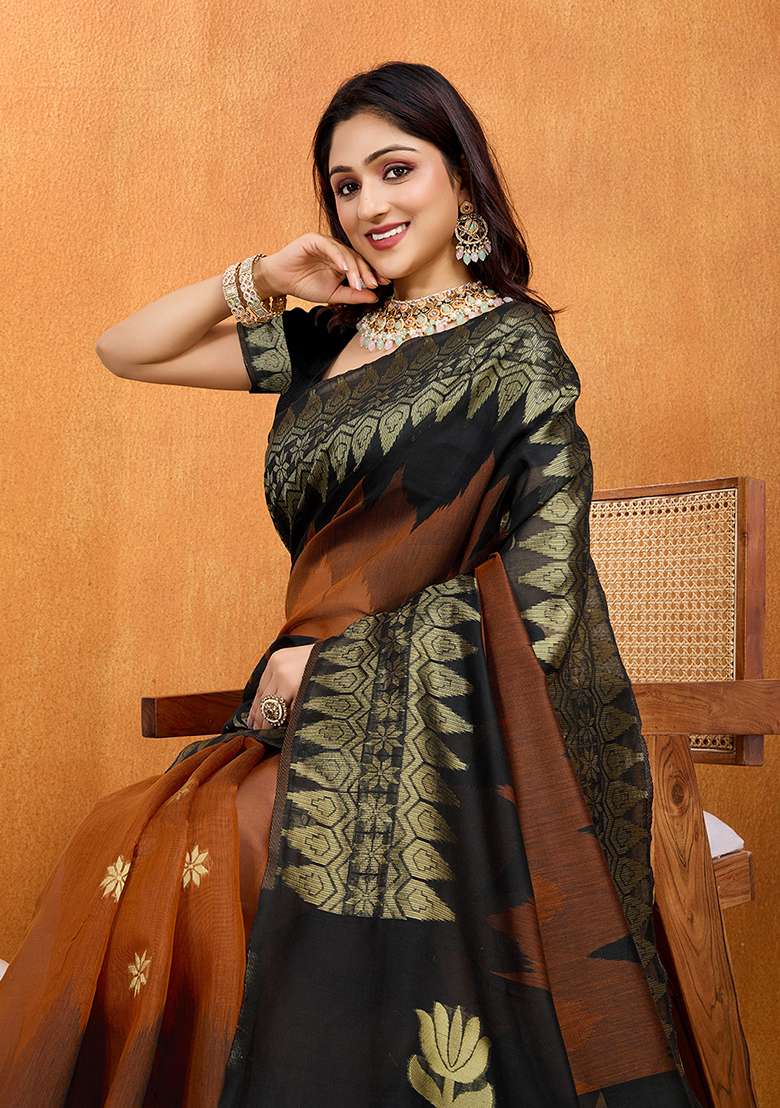 Brown Cotton Saree Set for Diwali | Wedding & Festive Wear - Indya