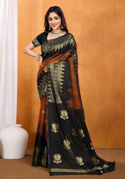 Brown Cotton Saree Set