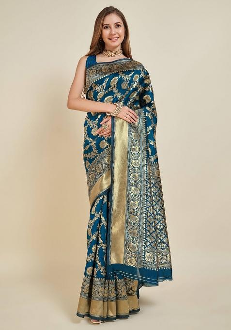 Blue Zari Work Silk Saree Set