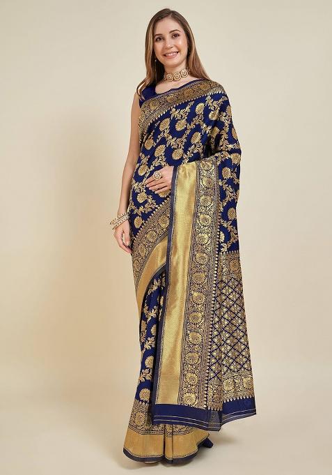 Blue Zari Work Silk Saree Set