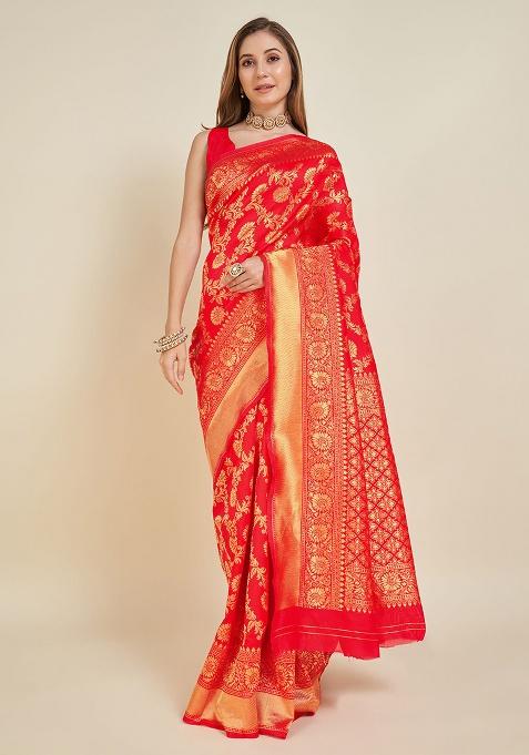 Red Zari Work Silk Saree Set