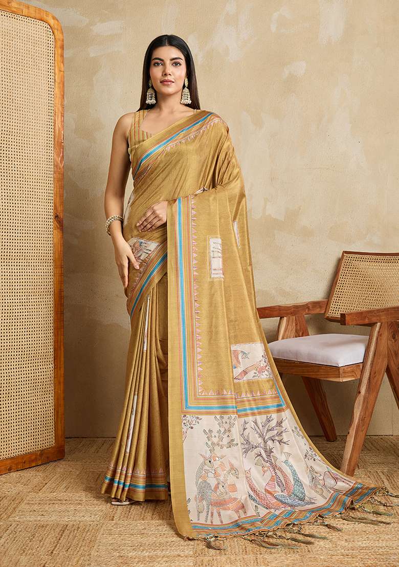 Gold Jacquard Saree Set with Zari Work for Diwali | Wedding & Festive Wear - Indya
