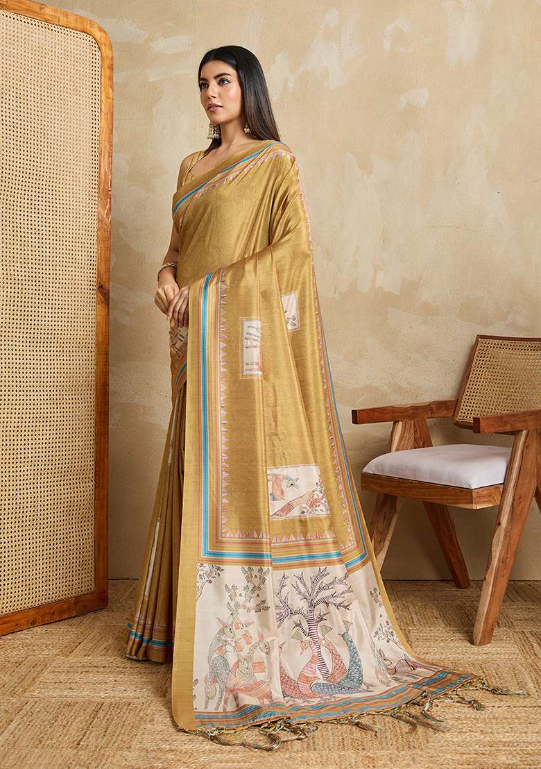 Gold Jacquard Saree Set with Zari Work for Diwali | Wedding & Festive Wear - Indya