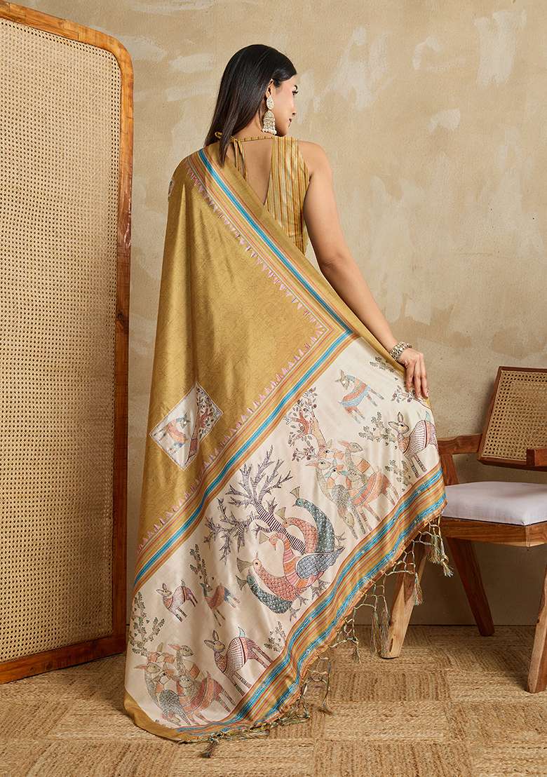 Gold Jacquard Saree Set with Zari Work for Diwali | Wedding & Festive Wear - Indya