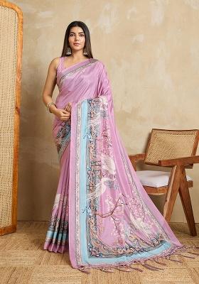 Pink Zari Work Jacquard Saree Set