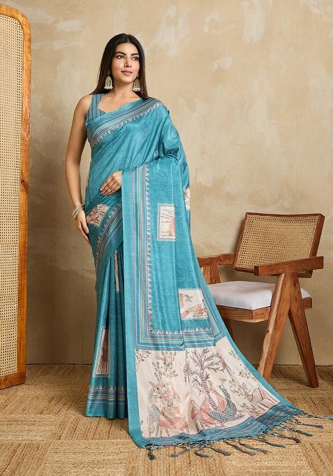 Blue Zari Work Jacquard Saree Set