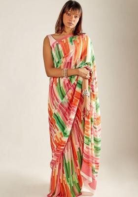 Green Printed Chiffon Saree Set