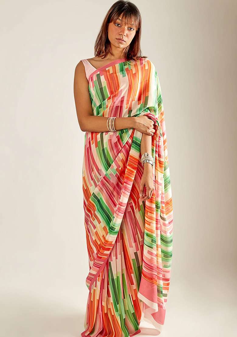 Green Chiffon Saree Set with Printed for Diwali | Wedding & Festive Wear - Indya