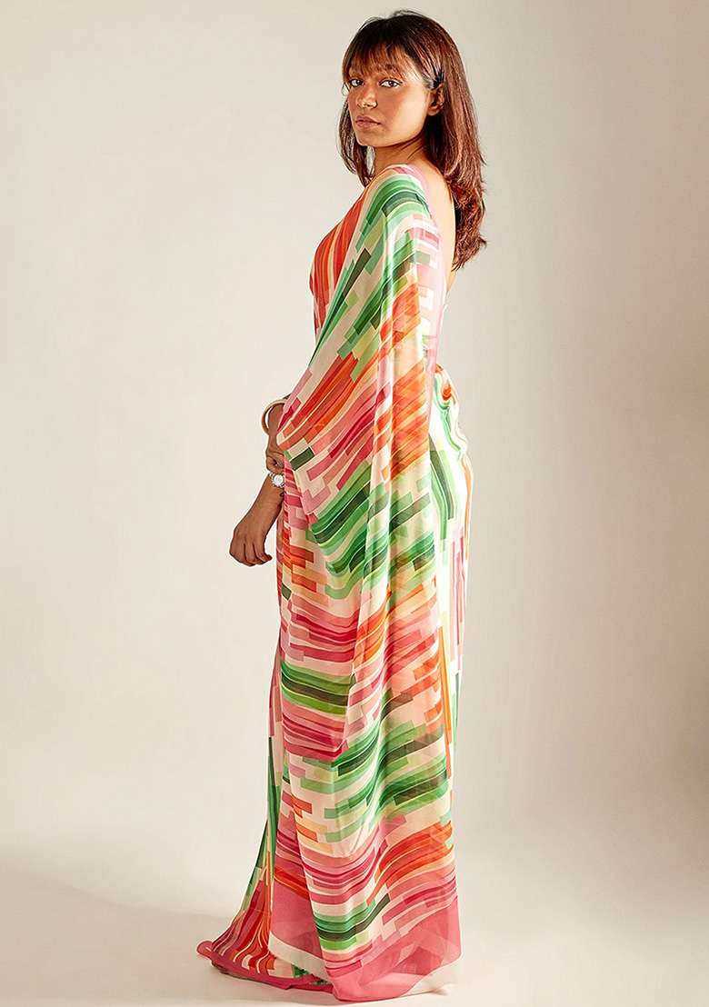 Green Chiffon Saree Set with Printed for Diwali | Wedding & Festive Wear - Indya