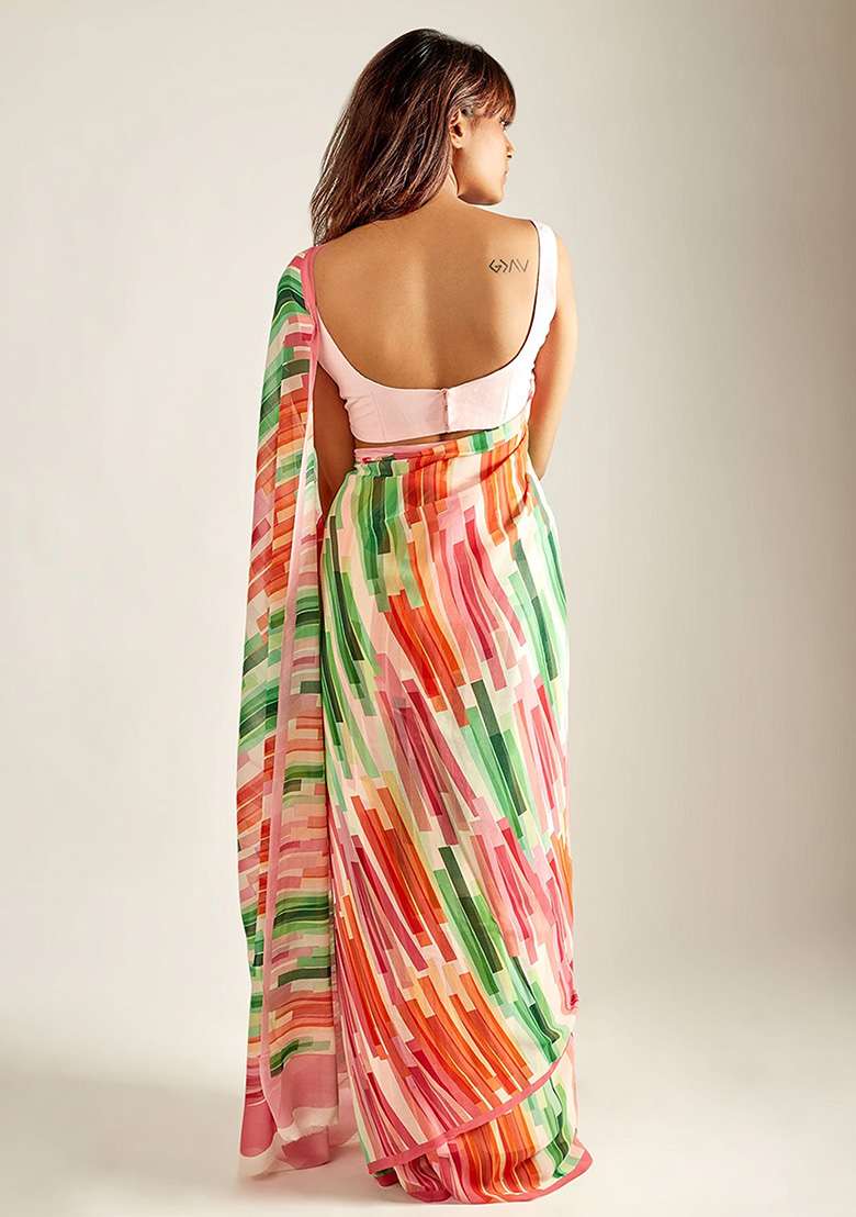 Green Chiffon Saree Set with Printed for Diwali | Wedding & Festive Wear - Indya