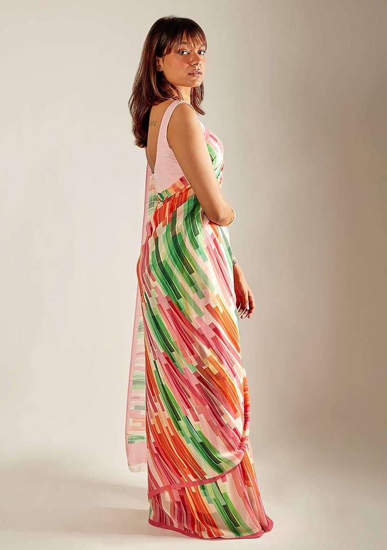 Green Chiffon Saree Set with Printed for Diwali | Wedding & Festive Wear - Indya