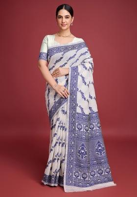 Blue Zari Work Cotton Saree Set