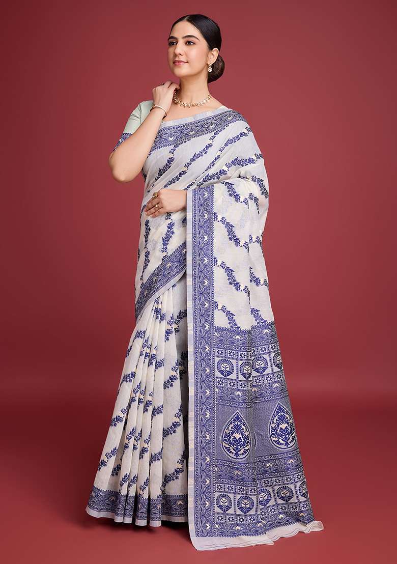 Blue Zari Work Cotton Saree Set for Diwali and Festive Wear - Indya