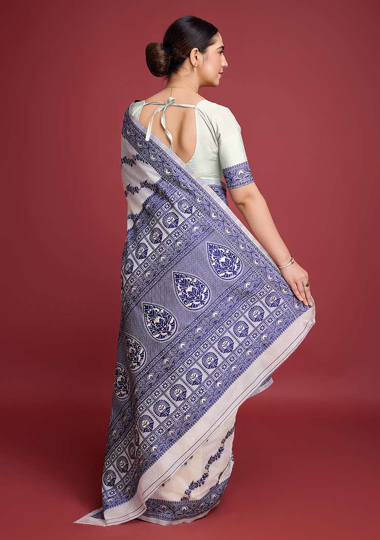 Blue Zari Work Cotton Saree Set for Diwali and Festive Wear - Indya