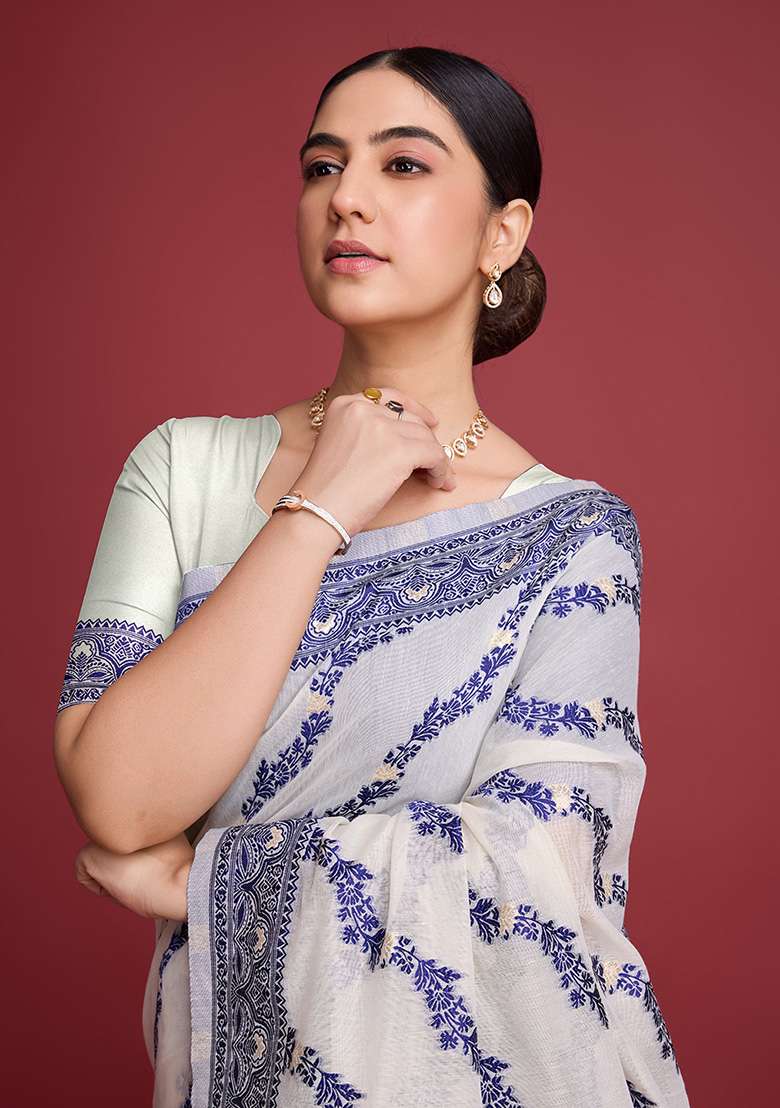 Blue Zari Work Cotton Saree Set for Diwali and Festive Wear - Indya