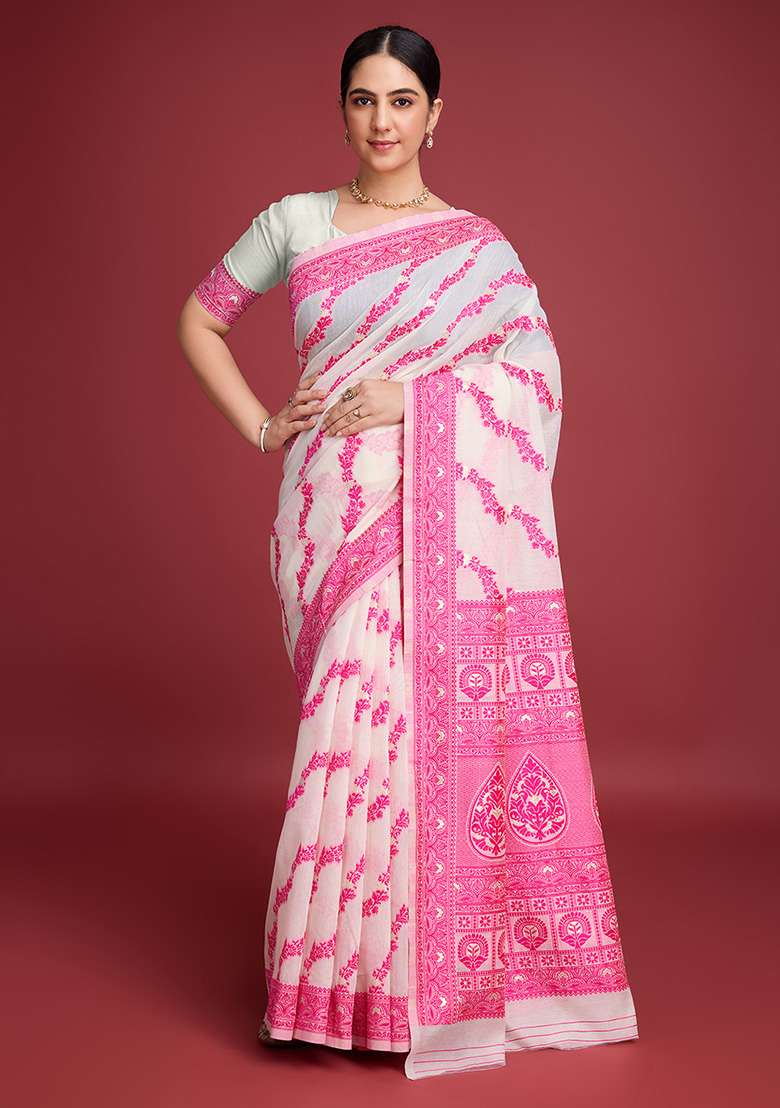Pink Cotton Saree Set with Zari Work for Diwali | Wedding & Festive Wear - Indya