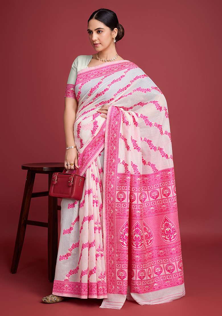 Pink Cotton Saree Set with Zari Work for Diwali | Wedding & Festive Wear - Indya