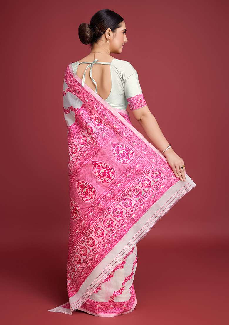 Pink Cotton Saree Set with Zari Work for Diwali | Wedding & Festive Wear - Indya