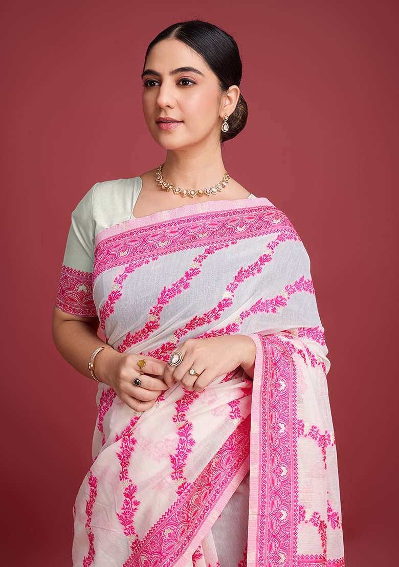 Pink Cotton Saree Set with Zari Work for Diwali | Wedding & Festive Wear - Indya