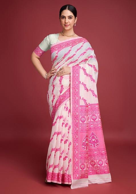 Pink Zari Work Cotton Saree Set