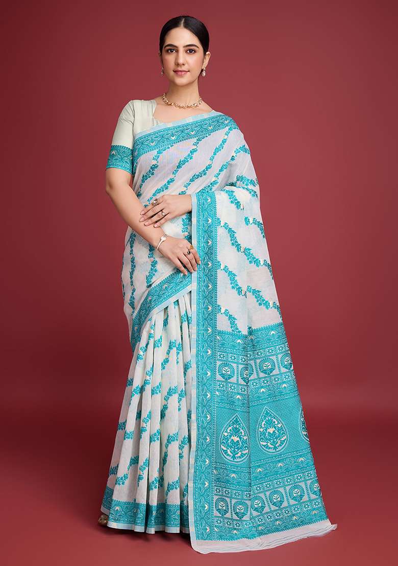 Blue Zari Work Cotton Saree Set for Diwali and Festive Wear - Indya